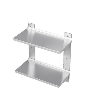 Occasion: Dubbele RVS wandplank | Heavy duty | Inclusief ophangbeugels en steunen | (B)180x(D)30x(H)66,6cm