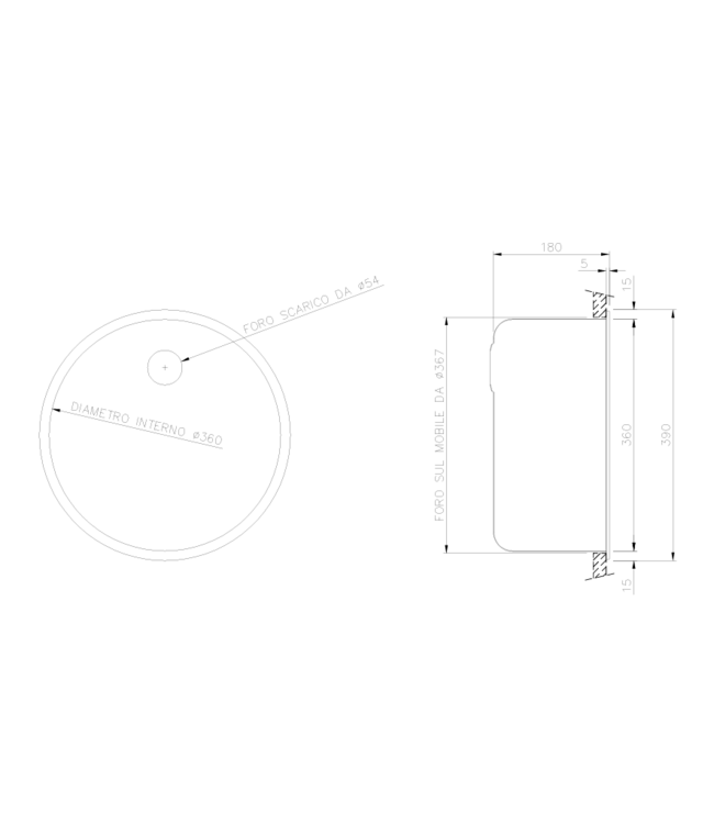 RVS Spoelbak Rond | ø36cm | 18cm hoog | Inclusief sifon
