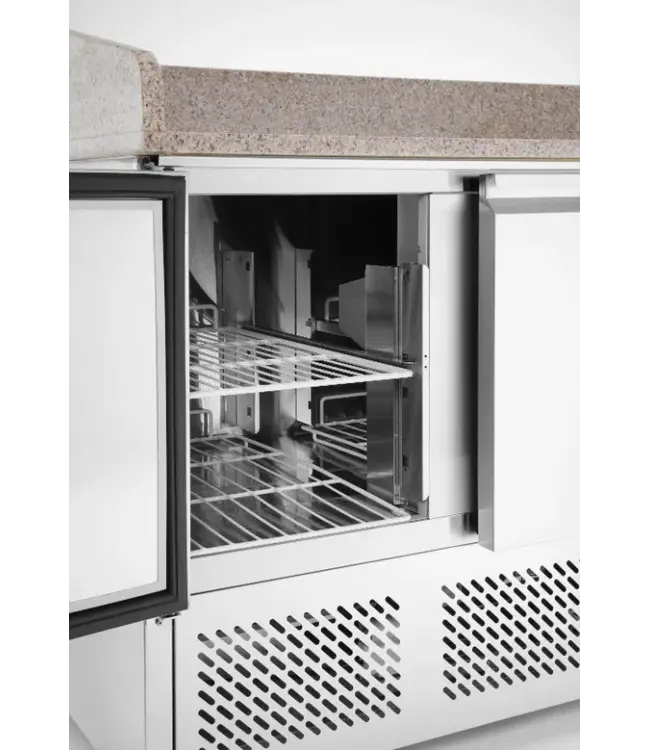 Pizzawerkbank met opzetkoelvitrine | 3 Deurs | boven 6x 1/4GN | (H)149,1x(B)140x(D)70cm