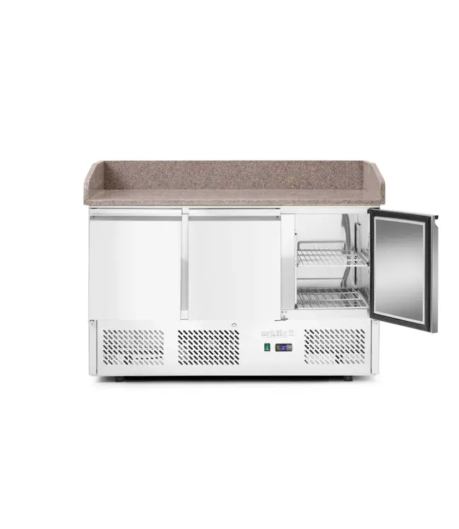 Pizzawerkbank met opzetkoelvitrine | 3 Deurs | boven 6x 1/4GN | (H)149,1x(B)140x(D)70cm