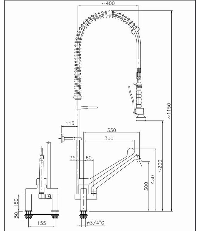 Voorspoeldouche | tafelmodel | dubbelgats 155mm | 3/4" aansluiting