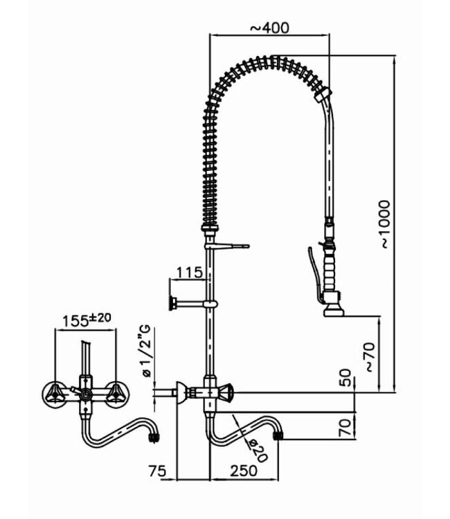 Voorspoeldouche | wandmodel | dubbelgats 155mm | 1/2" aansluiting