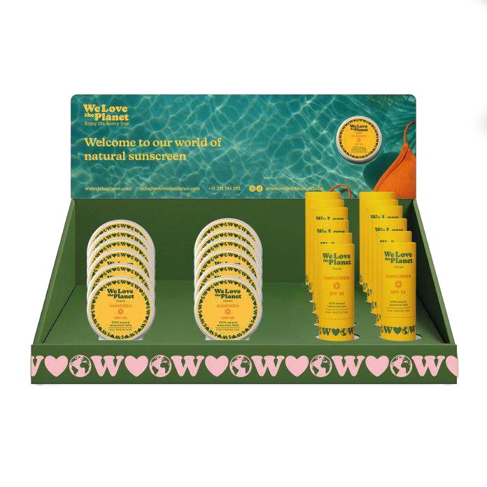 We Love The Planet Counter displays combi sticks & balms sunscreen