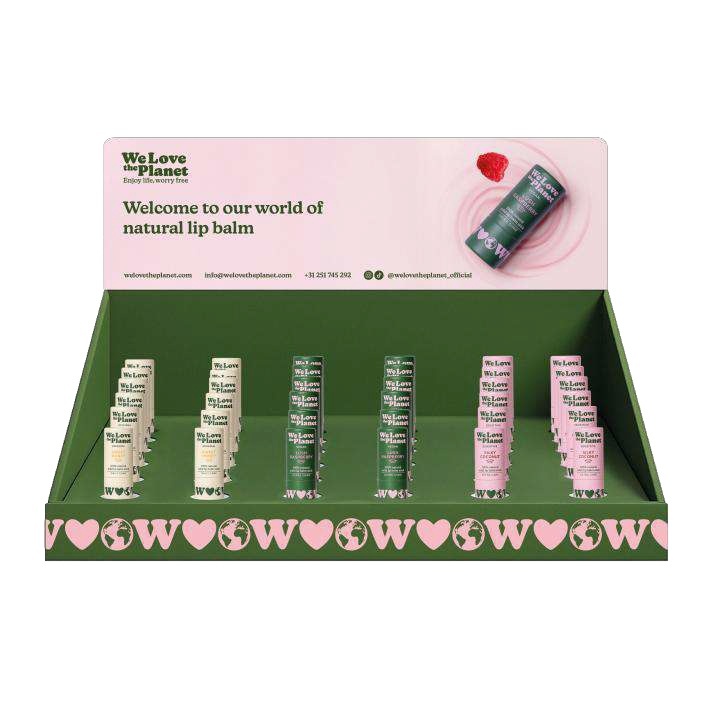 We Love The Planet Counter displays lip balms