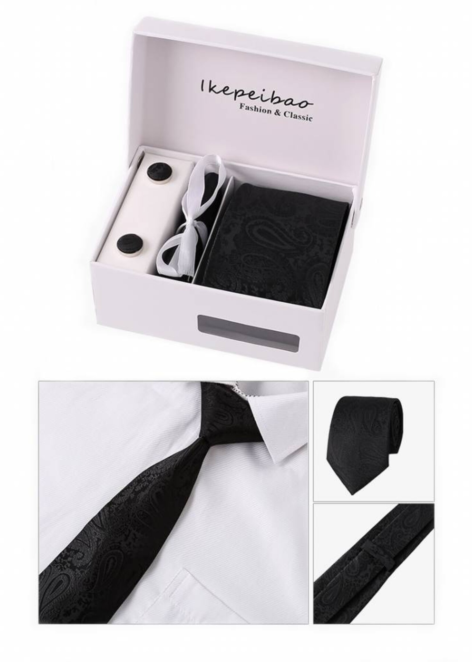 PaCaZa PaCaZa - Elegante Zwarte Stropdas Set - Inclusief Manchetknopen, Pochet en Dasspeld - Luxe Geschenkdoos