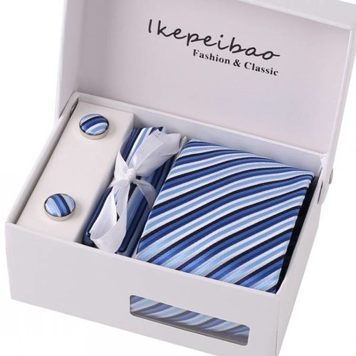 Elegante Stropdas Set in Geschenkdoos - inclusief Manchetknopen, Pochet en Dasspeld - K41 - Blauw 