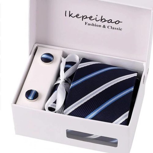 Elegante Stropdas Set in Geschenkdoos - inclusief Manchetknopen, Pochet en Dasspeld - A2-1 - Donker Blauw 