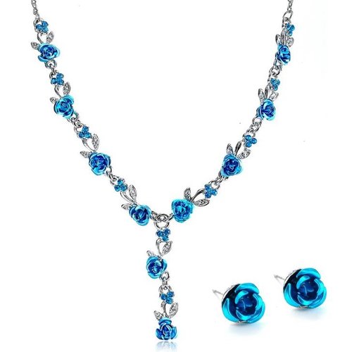 Sieraden Set met Roosjes - Blauw (Ketting & Oorbellen) 