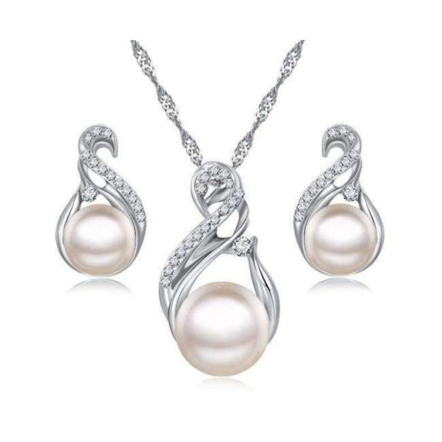 PaCaZa - Zilverkleurige Sieraden Set Pearls (Ketting & Oorbellen)-1