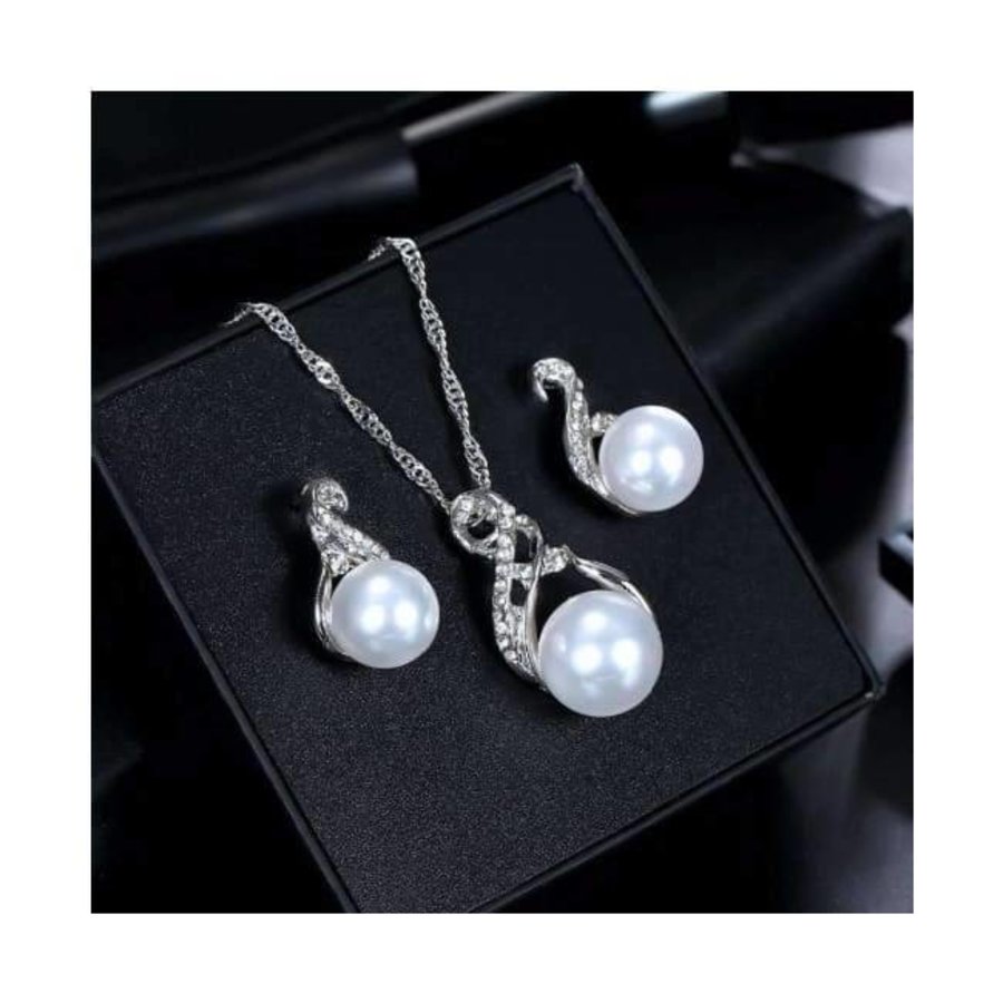 PaCaZa - Zilverkleurige Sieraden Set Pearls (Ketting & Oorbellen)-2