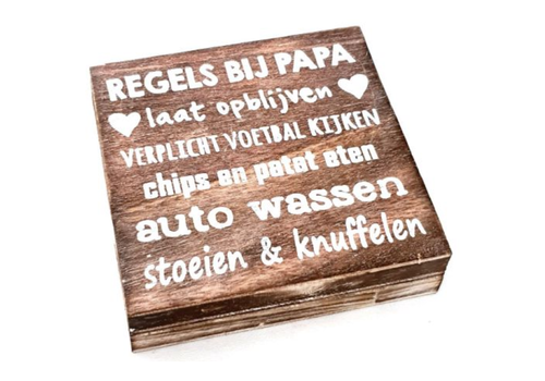 Houten Tekstplank / Tekstbord 15 cm "Regels bij Papa...." - Kleur Naturel 