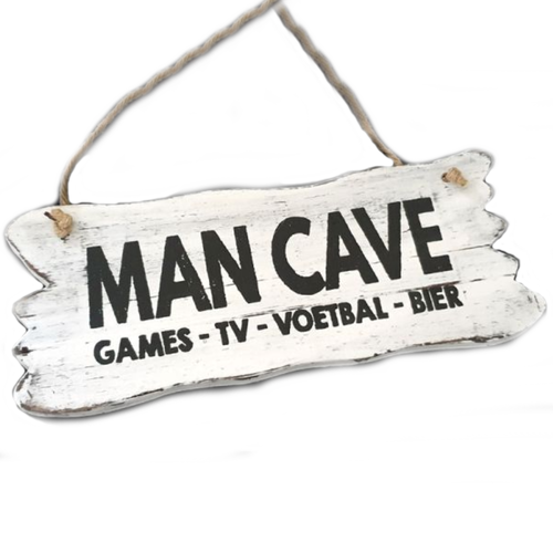 Houten Tekstplank / Tekstbord 12 x 30 cm "Man Cave....." - Kleur Antique White 