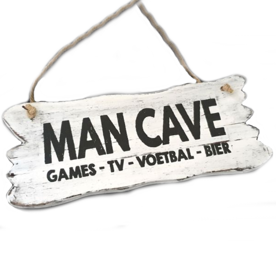 BonTon - Houten Tekstplank / Tekstbord 12 x 30 cm "Man Cave....." - Kleur Antique White-1