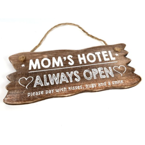 Houten Tekstplank / Tekstbord 12 x 30 cm "Mom's Hotel....Always Open" - Kleur Naturel 