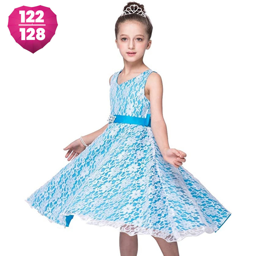 PaCaZa - Klassieke Kanten Communiejurk / Bruidsmeisjesjurk - Lissy - Aqua Blauw - Maat 122/128-1