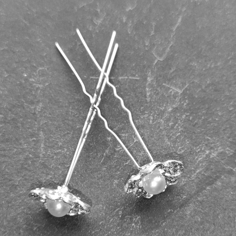 PaCaZa - Zilverkleurige Hairpins - Flower met Ivoorkleurige Parel en Diamantjes - 5 stuks-6