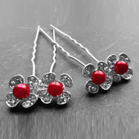 thumb-PaCaZa - Zilverkleurige Hairpins - Bloemetjes - Diamantjes - Rode Parel - 5 stuks-5