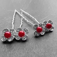 thumb-PaCaZa - Zilverkleurige Hairpins - Bloemetjes - Diamantjes - Rode Parel - 5 stuks-1