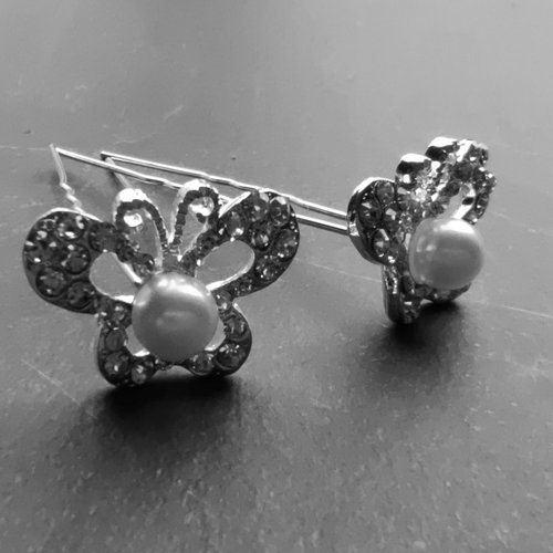 Zilverkleurige Hairpins - Butterfly - Diamantjes en Ivoorkleurige Parel - 5 stuks 