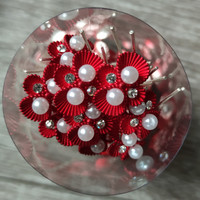 thumb-PaCaZa Haarpinnen - Zilverkleurig met Rode Decoratie, Diamantjes en Ivoorkleurige Parel - Set van 5-7