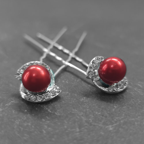 Zilverkleurige Hairpins - Rode Parel - Diamantjes - 5 stuks 