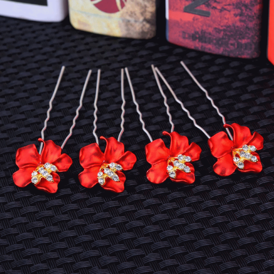 PaCaZa - Zilverkleurige Hairpins - Bloem - Rood - Diamantjes - 5 stuks-2