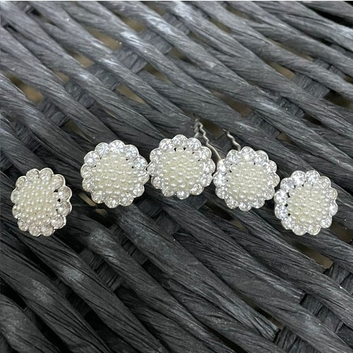 Zilverkleurige Hairpins - Bloem - Diamantjes en Pareltjes - 5 stuks 