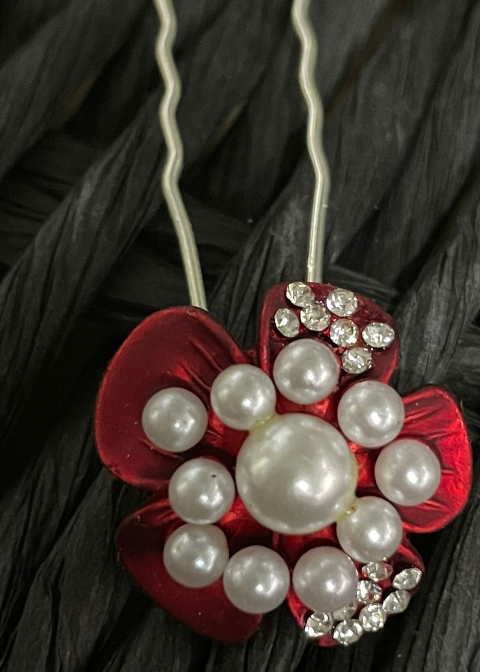 PaCaZa PaCaZa - Elegante Bruids Hairpins - Rode Bloem, Diamantjes en Pareltjes