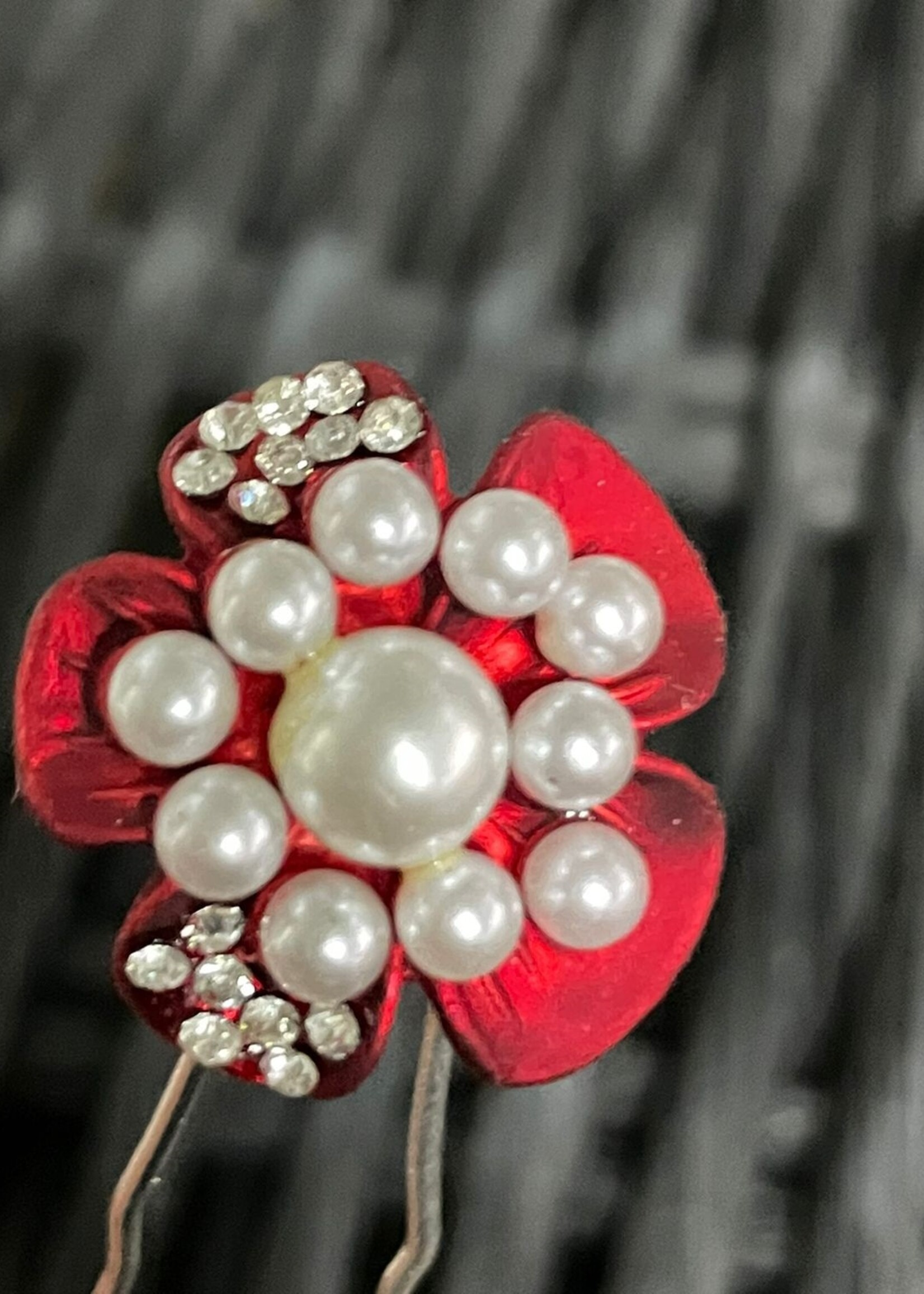 PaCaZa PaCaZa - Elegante Bruids Hairpins - Rode Bloem, Diamantjes en Pareltjes