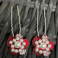 thumb-PaCaZa - Zilverkleurige Hairpins - Rode Bloem - Diamantjes en Pareltjes - 5 stuks-3