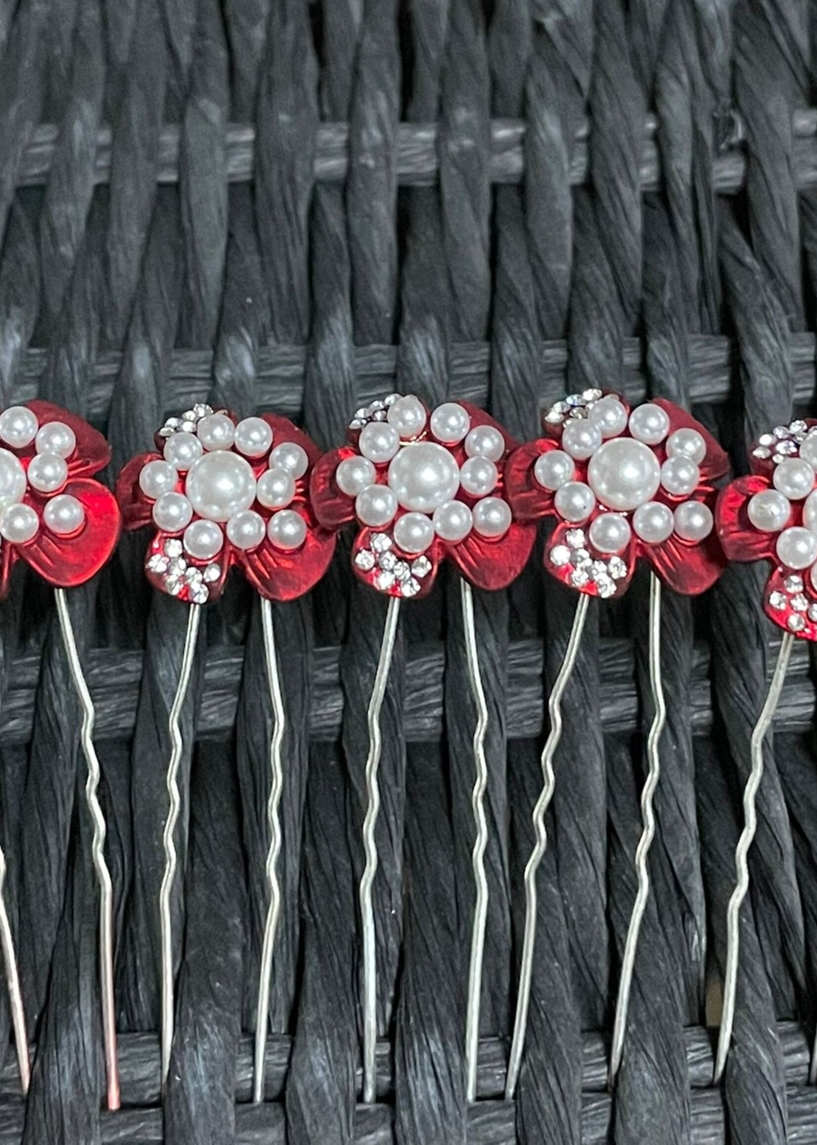 PaCaZa PaCaZa - Elegante Bruids Hairpins - Rode Bloem, Diamantjes en Pareltjes