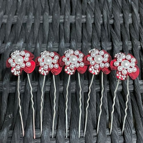 Zilverkleurige Hairpins - Rode Bloem - Diamantjes en Pareltjes - 5 stuks 