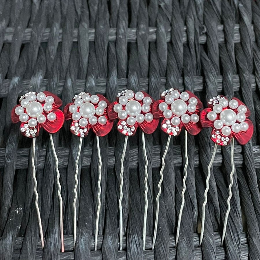 PaCaZa - Zilverkleurige Hairpins - Rode Bloem - Diamantjes en Pareltjes - 5 stuks-1