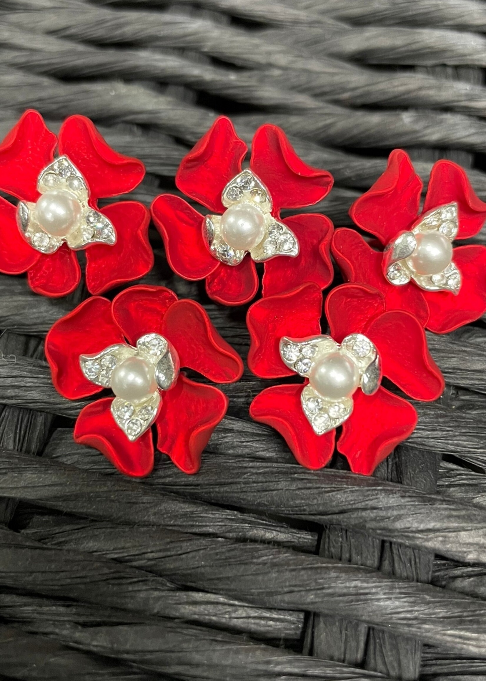 PaCaZa PaCaZa - Zilverkleurige Hairpins - Rode Bloem, Diamantjes en Ivoorkleurige Parel - Set van 5