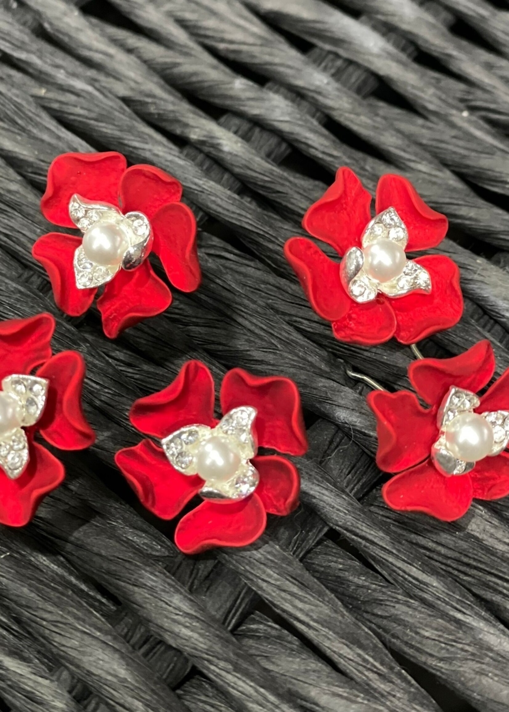 PaCaZa PaCaZa - Zilverkleurige Hairpins - Rode Bloem, Diamantjes en Ivoorkleurige Parel - Set van 5