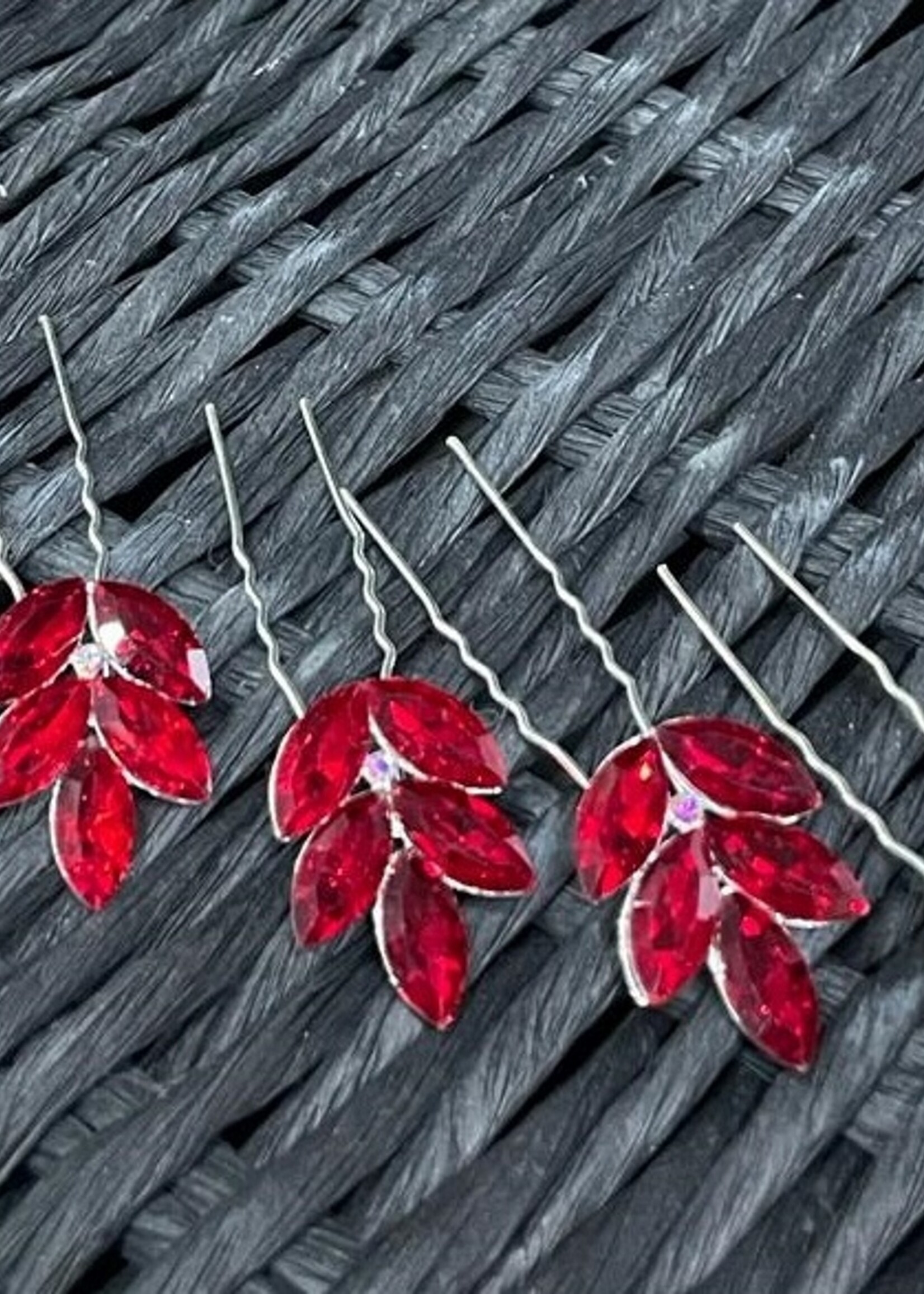 PaCaZa PaCaZa - Zilverkleurige Hairpins - Rode Blaadjes en Diamanten - Set van 5