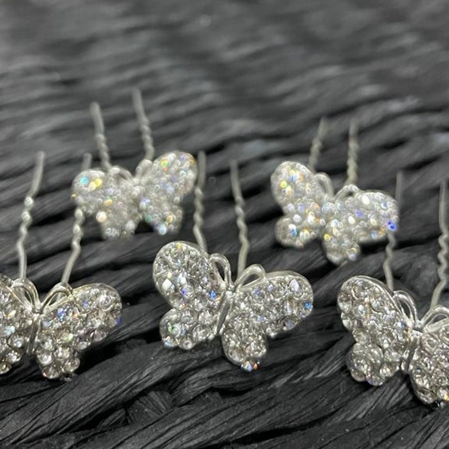 PaCaZa - Zilverkleurige Hairpins met Vlinder en Diamantjes - Set van 5-6