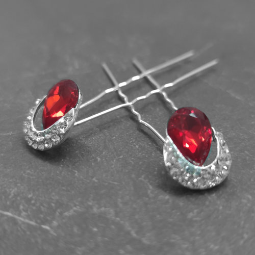 Zilverkleurige Hairpins - Rode Kristal - Diamantjes - 5 stuks 