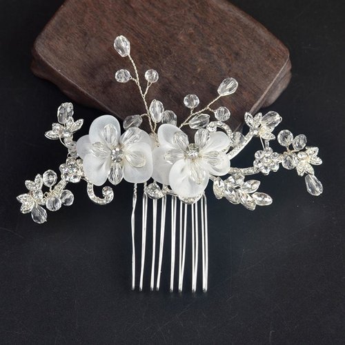 Zilverkleurige Haarkam met Witte Bloemen en Diamantjes 