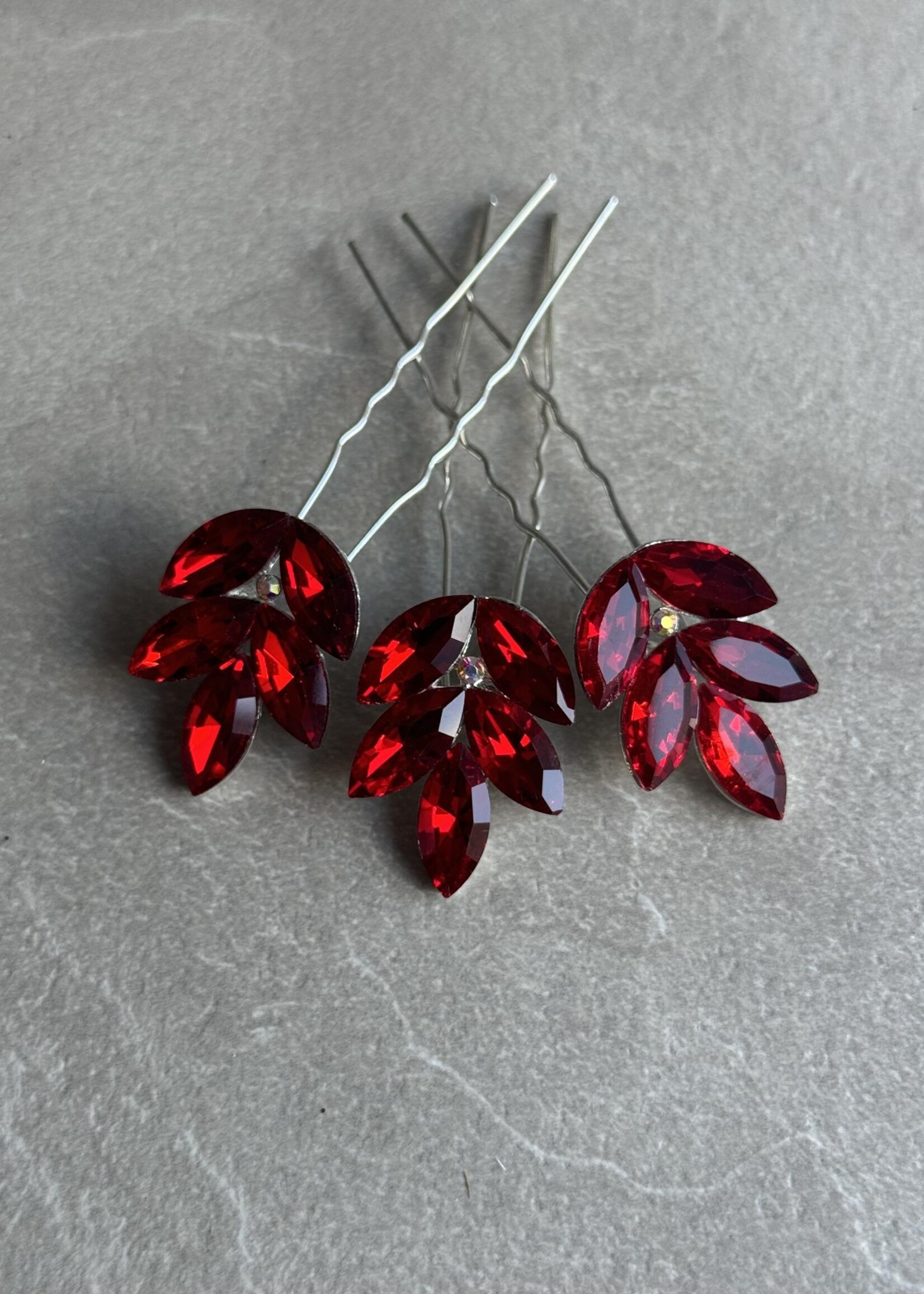 PaCaZa PaCaZa - Zilverkleurige Hairpins - Rode Blaadjes en Diamanten - Set van 5