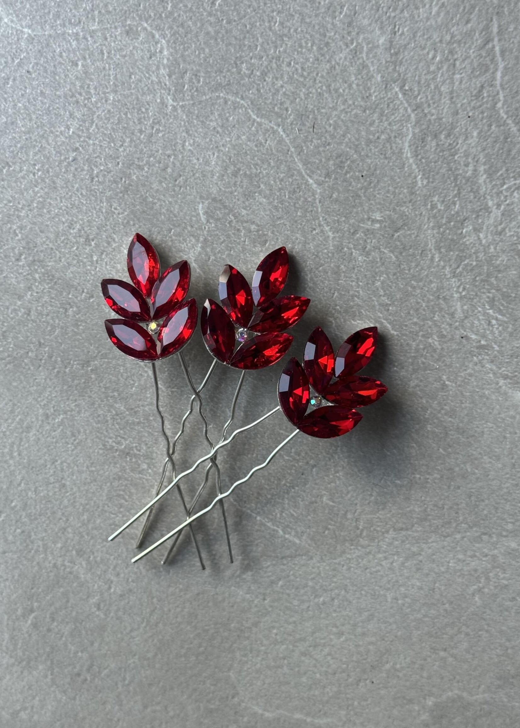 PaCaZa PaCaZa - Zilverkleurige Hairpins - Rode Blaadjes en Diamanten - Set van 5