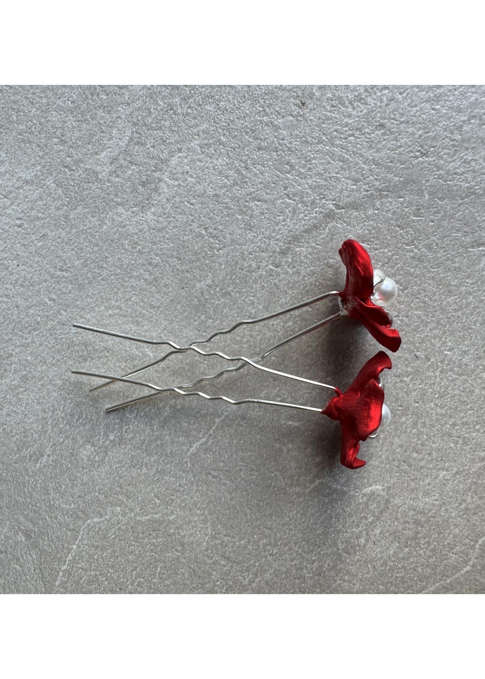 PaCaZa PaCaZa - Zilverkleurige Hairpins - Rode Bloem, Diamantjes en Ivoorkleurige Parel - Set van 5