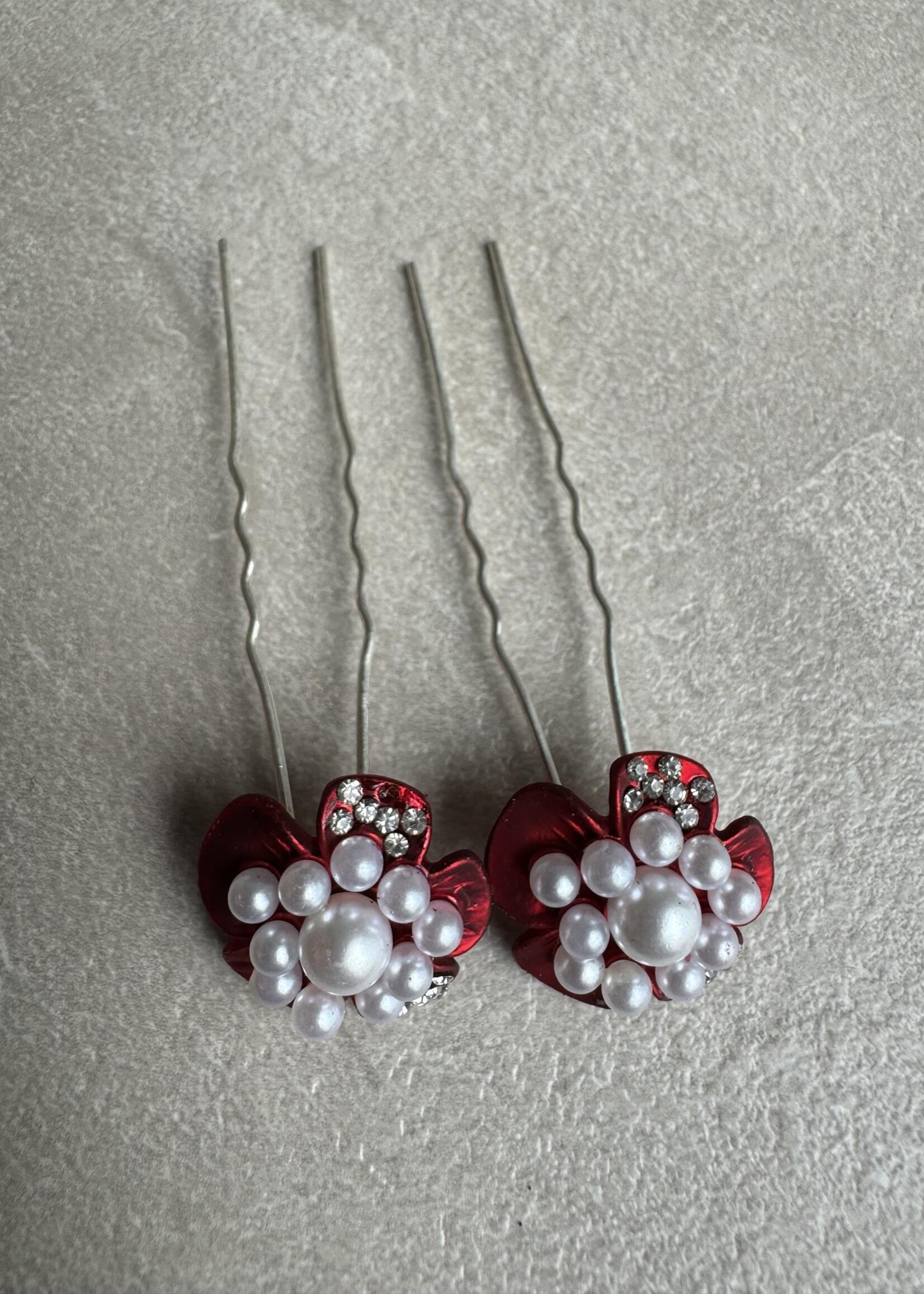 PaCaZa PaCaZa - Elegante Bruids Hairpins - Rode Bloem, Diamantjes en Pareltjes