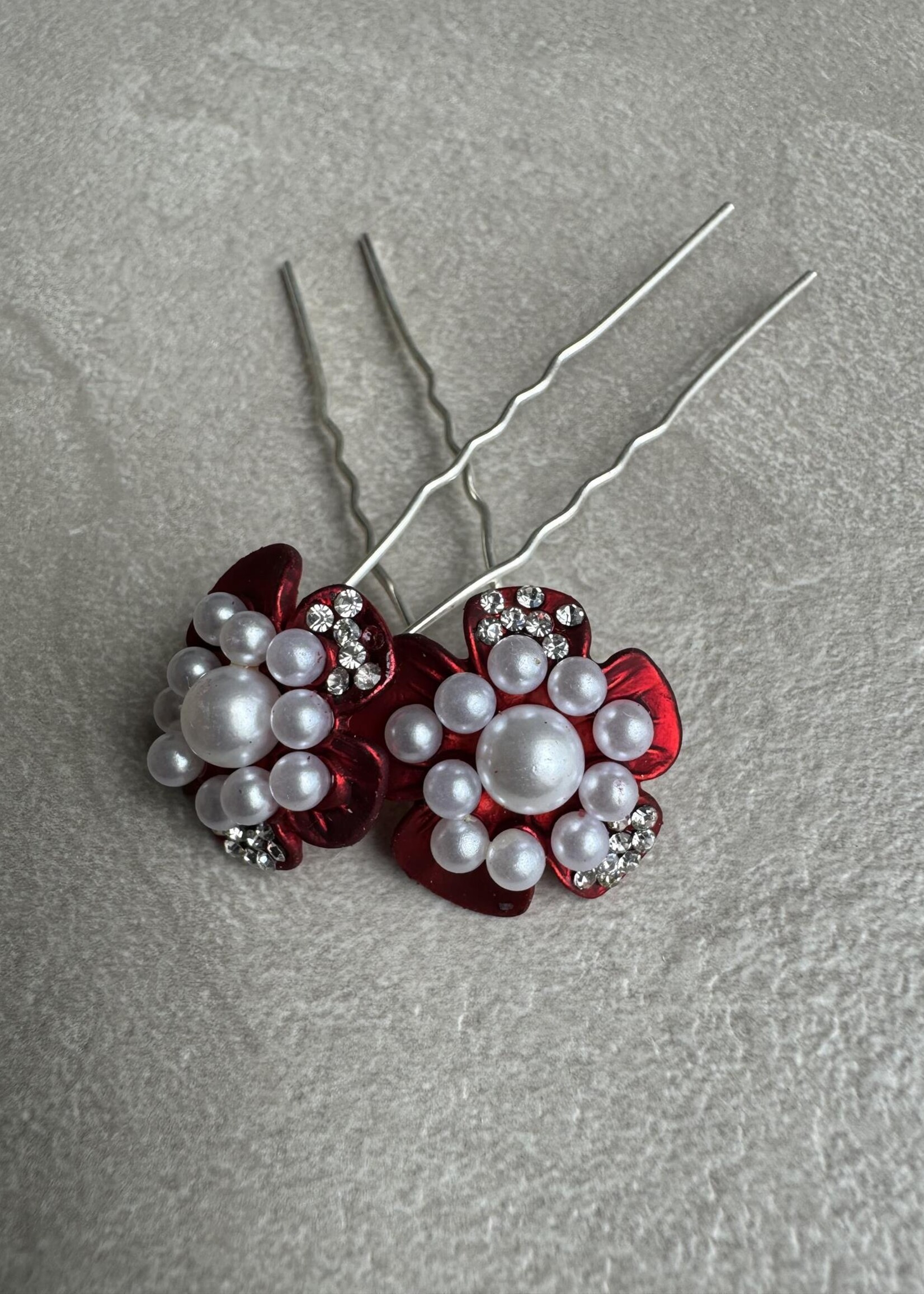 PaCaZa PaCaZa - Elegante Bruids Hairpins - Rode Bloem, Diamantjes en Pareltjes