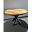 Table de salle à manger en bois de manguier, ronde avec jambe croisée.