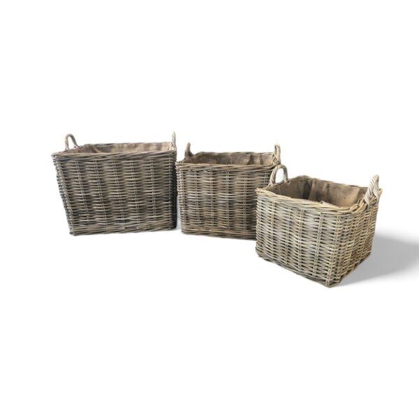 Paniers carrés, lot de 3 + roulettes, en jute