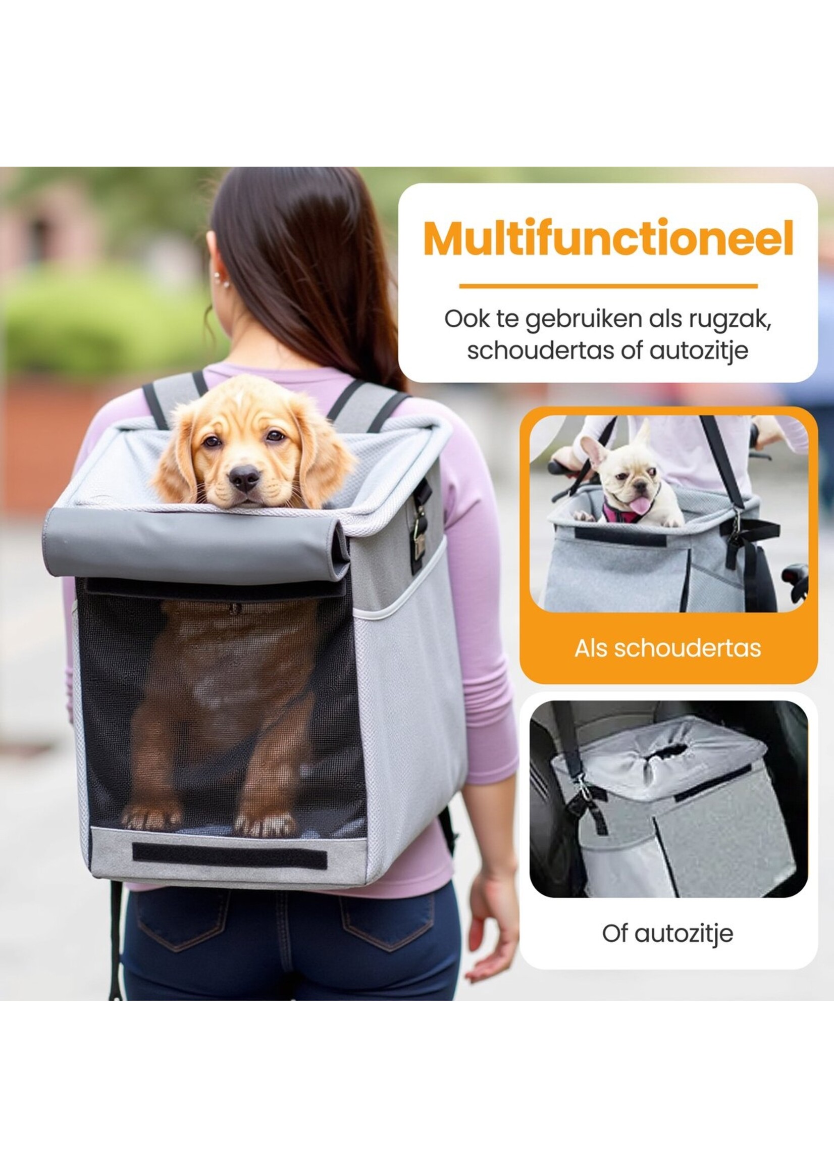 Fietsmand hond voorop - 3-in-1. Fietsmand, Schoudertas & Rugtas.