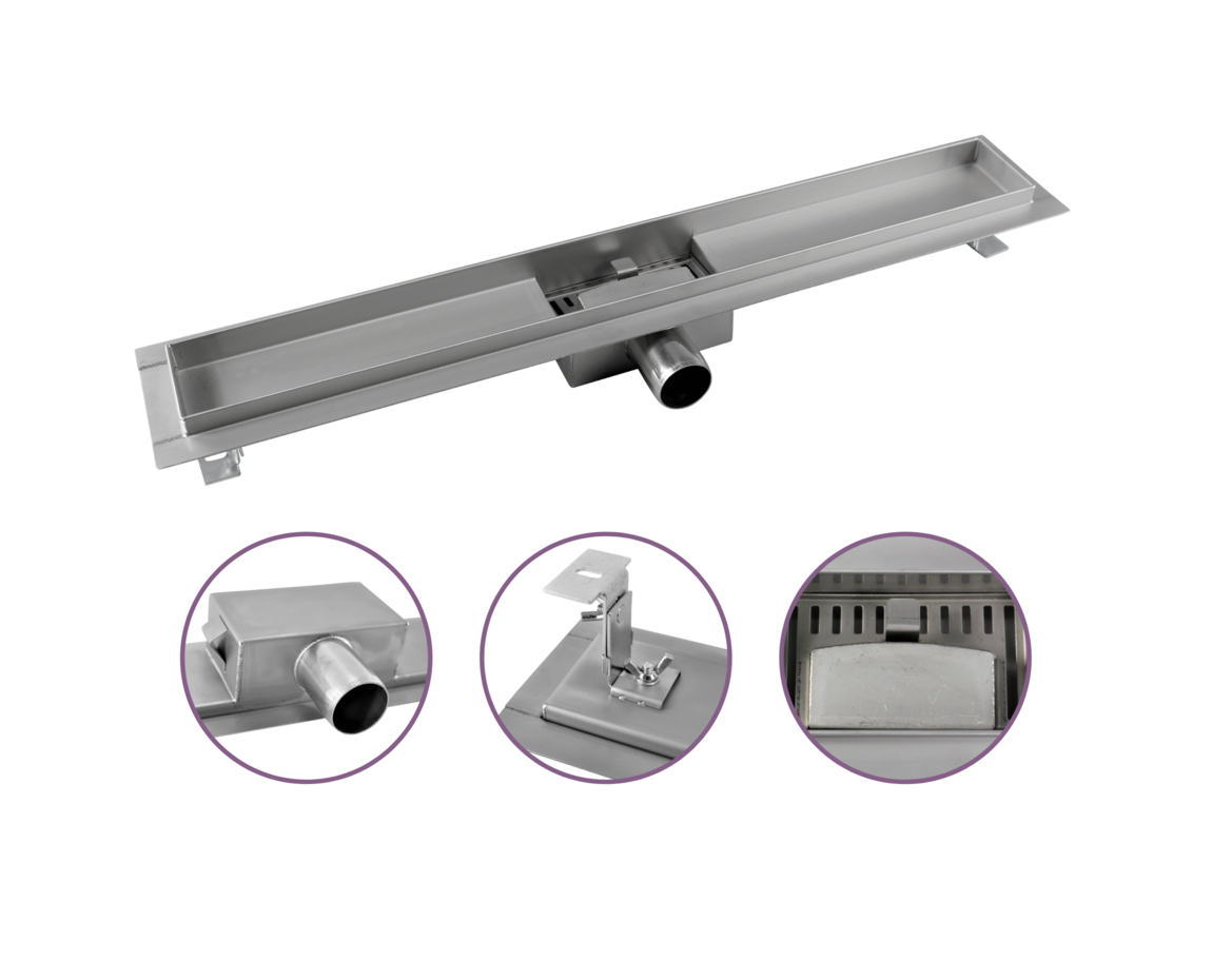 Douchegoot met haarfilter 80 cm met zijuitloop en flens Drainhandel