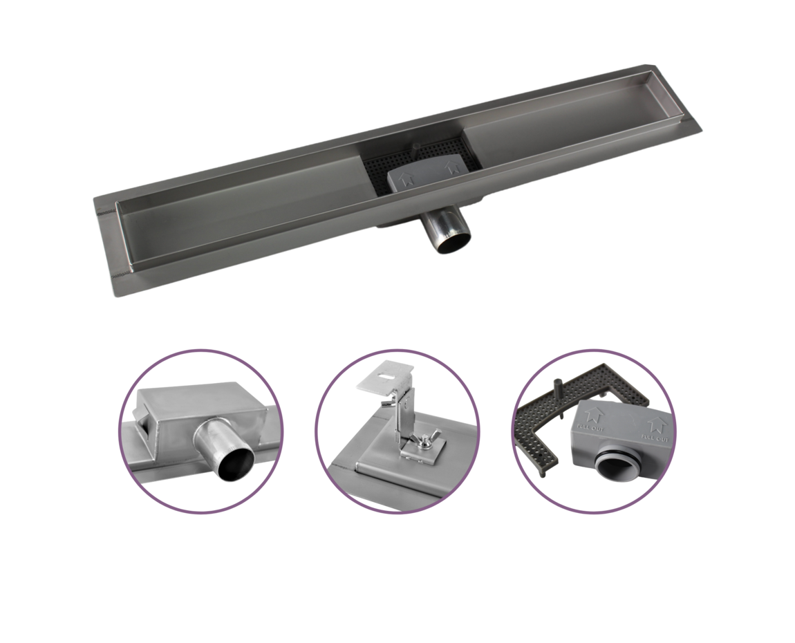 Douchegoot zijuitloop van 90 cm met zijuitloop en flens uit RVS