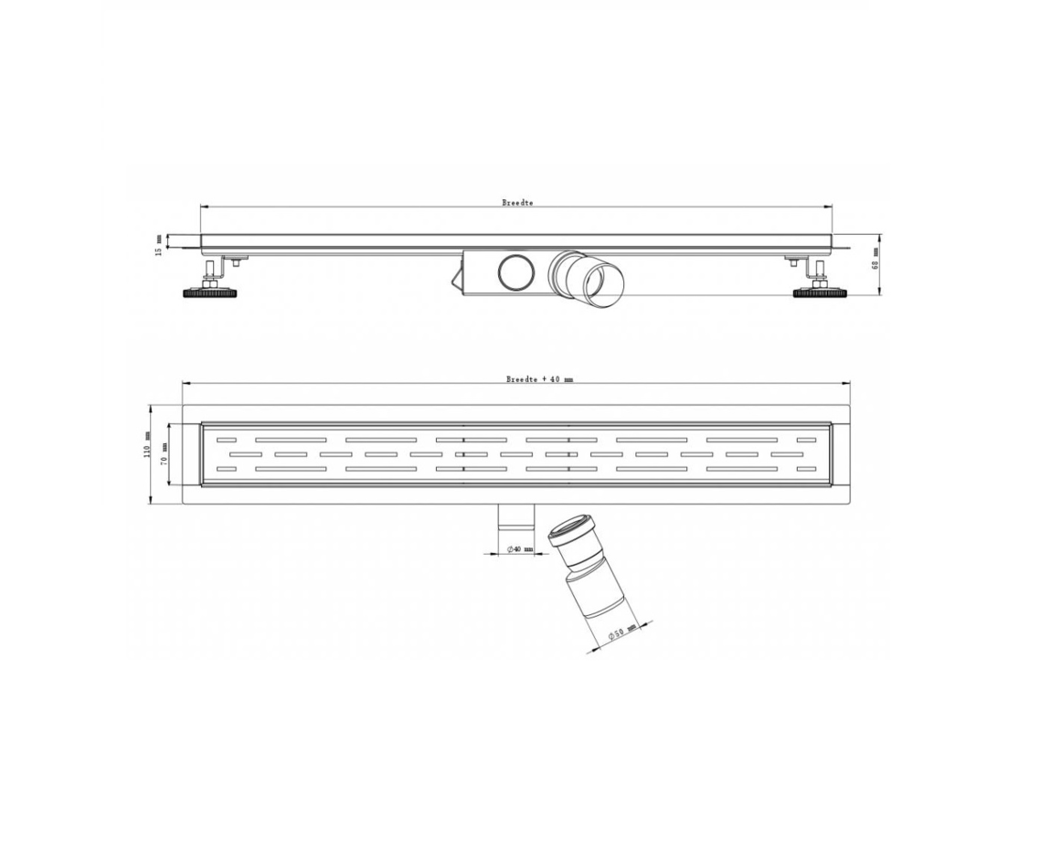 Douchegoot zijuitloop van 90 cm met zijuitloop en flens uit RVS